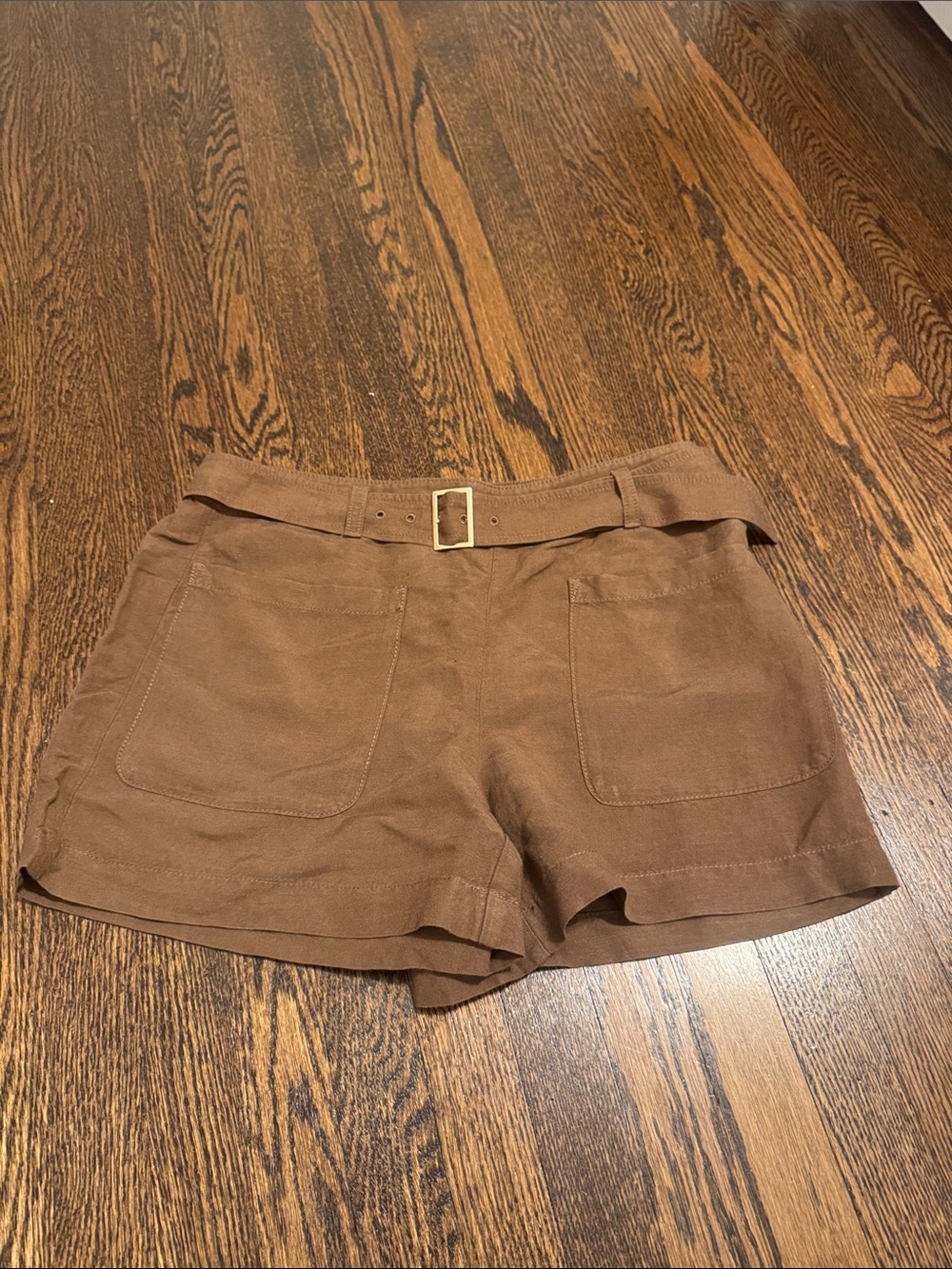 LOFT Brown Belted Linen-Blend Bermuda Shorts